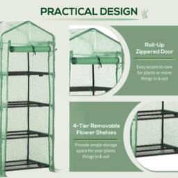 Rackhams 4 Tier Mini Greenhouse, Portable Compact Green House with Steel Frame, PE Cover, Roll-up Door, 70 x 50 x 160 cm, Green - thumbnail 5
