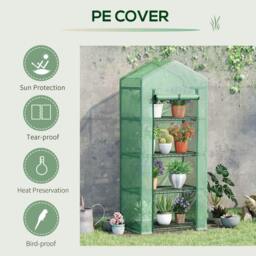 Rackhams 4 Tier Mini Greenhouse, Portable Compact Green House with Steel Frame, PE Cover, Roll-up Door, 70 x 50 x 160 cm, Green - thumbnail 4