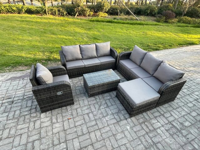 Rackhams 8 Seater Dark Grey Mixed Rattan Outdoor Sofa Dining Set - 3-Seater Sofa, Reclining Chair & Footstool - image 1