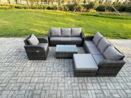Rackhams 8 Seater Dark Grey Mixed Rattan Outdoor Sofa Dining Set - 3-Seater Sofa, Reclining Chair & Footstool - thumbnail 2