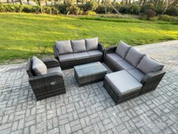 Rackhams 8 Seater Dark Grey Mixed Rattan Outdoor Sofa Dining Set - 3-Seater Sofa, Reclining Chair & Footstool - thumbnail 1