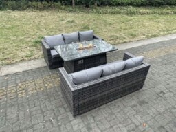 Rackhams 6 Seater Outdoor PE Rattan Garden Furniture Gas Fire Pit Dining Table Set Lounge Sofa Three Seater Sofa Dark Grey Mixed Patio - thumbnail 1