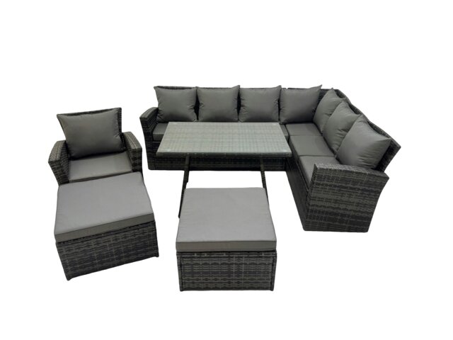 Rackhams 9 Seater Garden Outdoor Rattan Furniture Set Rattan Corner Sofa Oblong Dining Table with Armchair 2 Big Footstools Dark Grey - image 1