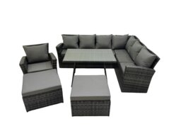 Rackhams 9 Seater Garden Outdoor Rattan Furniture Set Rattan Corner Sofa Oblong Dining Table with Armchair 2 Big Footstools Dark Grey - thumbnail 1