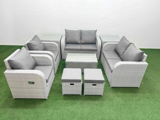 Rackhams 8 Seater Outdoor Reclining Chair Love Sofa Set Rattan Garden Furniture Set with Rectangular Coffee Table 2 Stools 2 Side Table Light Grey - image 1