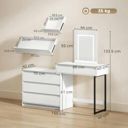Rackhams Vanity Makeup Desk LED Mirror Bedroom White - 150 - thumbnail 3