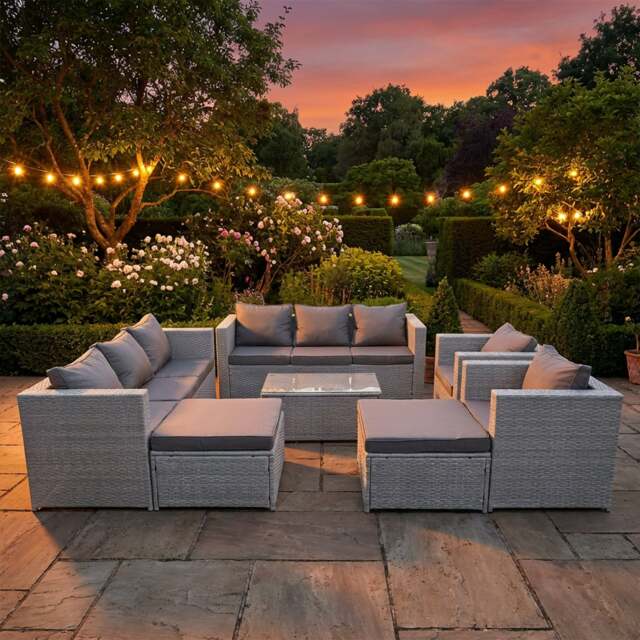 Rackhams 10 Seater Rattan Garden Furniture Set with 2 Sofas, 2 Armchairs, Coffee Table & 2 Footstools - Light Grey Mixed - image 1
