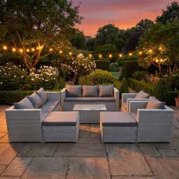 Rackhams 10 Seater Rattan Garden Furniture Set with 2 Sofas, 2 Armchairs, Coffee Table & 2 Footstools - Light Grey Mixed - thumbnail 1