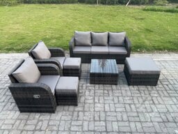 Rackhams 8 Seater Rattan Garden Furniture Set with 2 Reclining Chairs, 3 Seater Sofa, 3 Footstools & Coffee Table - Dark Grey Mixed - thumbnail 3