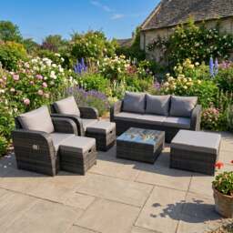 Rackhams 8 Seater Rattan Garden Furniture Set with 2 Reclining Chairs, 3 Seater Sofa, 3 Footstools & Coffee Table - Dark Grey Mixed - thumbnail 1