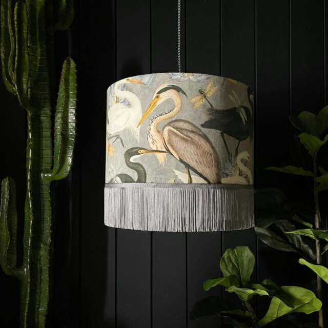 "Rackhams Bird Song Lampshade in Soft Grey With Grey Fringing - Ceiling Pendant / Arc Lamp - 40cm Diameter x 25cm Height (16"" x 10"")" - image 1