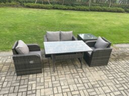 Rackhams Outdoor Rattan Garden Furniture Lounge Sofa Set With Oblong Rectangular Dining Table 2 PC Reclining Chair Side Table - thumbnail 2