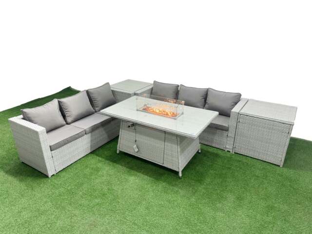 Rackhams PE Rattan Lounge Sofa Set Outdoor Garden Furniture Set with Fire Pit Dining Table 3 Seater Sofa 2 Side Table Light Grey - image 1