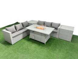 Rackhams PE Rattan Lounge Sofa Set Outdoor Garden Furniture Set with Fire Pit Dining Table 3 Seater Sofa 2 Side Table Light Grey - thumbnail 1