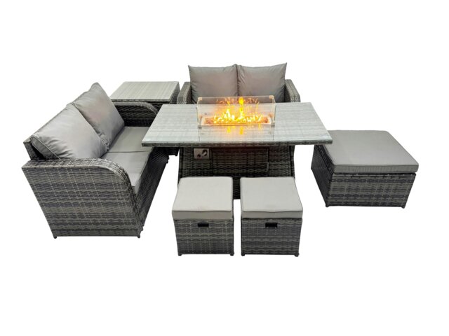 Rackhams 7 seater Patio Gas Firpit Dining Table Sofa Sets Rattan Garden Furniture Dining Set with 3 Stools Side Table Dark Grey Mixed - image 1