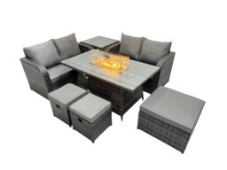 Rackhams 7 seater Patio Gas Firpit Dining Table Sofa Sets Rattan Garden Furniture Dining Set with 3 Stools Side Table Dark Grey Mixed - thumbnail 2