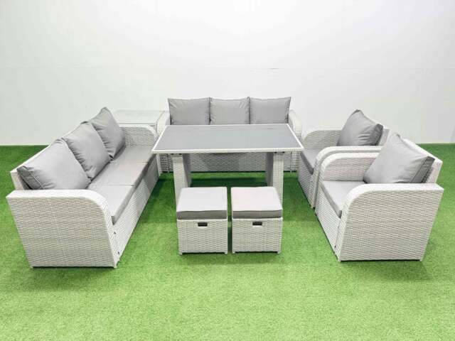 Rackhams 10 Seater Wicker PE Rattan Furniture Outdoor Dining Table 3 Seater Sofa Reclining Chair Set with Side Table 2 Small Stools Light Grey - image 1