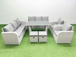 Rackhams 10 Seater Wicker PE Rattan Furniture Outdoor Dining Table 3 Seater Sofa Reclining Chair Set with Side Table 2 Small Stools Light Grey - thumbnail 1