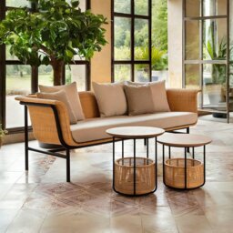 Rackhams Budron Rattan Armchair, Two Seater, Indoor/ Outdoor Furniture - Side Table Set - Beige - thumbnail 1