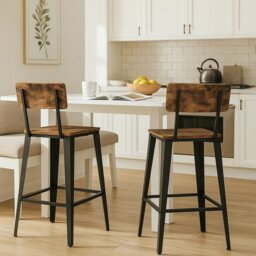Rackhams Bar Stool Set of 2 Rustic Brown & Black Industrial Kitchen Chairs with Backrest & Footrest - thumbnail 4