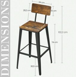 Rackhams Bar Stool Set of 2 Rustic Brown & Black Industrial Kitchen Chairs with Backrest & Footrest - thumbnail 3
