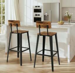 Rackhams Bar Stool Set of 2 Rustic Brown & Black Industrial Kitchen Chairs with Backrest & Footrest - thumbnail 1