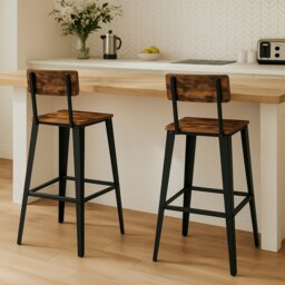 Rackhams Bar Stool Set of 2 Rustic Brown & Black Industrial Kitchen Chairs with Backrest & Footrest - thumbnail 6