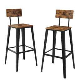 Rackhams Bar Stool Set of 2 Rustic Brown & Black Industrial Kitchen Chairs with Backrest & Footrest - thumbnail 2