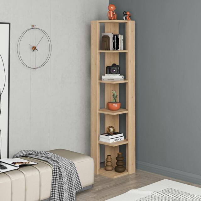 Rackhams Nati Tall Corner Bookcase Modern Shelving Unit Space-Saving Storage 161cm - Oak - image 1