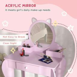 Rackhams ZONEKIZ Kids Vanity Table with Mirror, Stool, Drawer, Storage Boxes, Cat Design, for Ages 3-6 Years - Pink - thumbnail 6