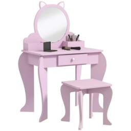 Rackhams ZONEKIZ Kids Vanity Table with Mirror, Stool, Drawer, Storage Boxes, Cat Design, for Ages 3-6 Years - Pink - thumbnail 1