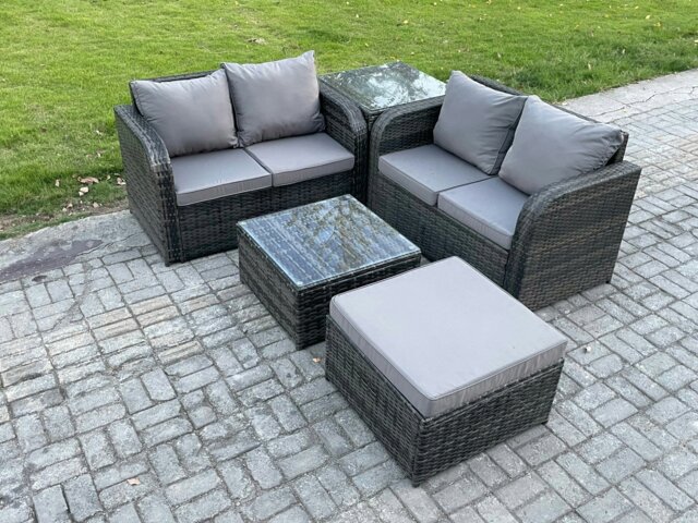 Rackhams Rattan Sofa Set Outdoor Garden Furniture Set with Square Coffee Table Loveseat Sofa Big Footstool Side Table Dark Grey Mixed - image 1