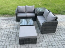 Rackhams Rattan Sofa Set Outdoor Garden Furniture Set with Square Coffee Table Loveseat Sofa Big Footstool Side Table Dark Grey Mixed - thumbnail 2