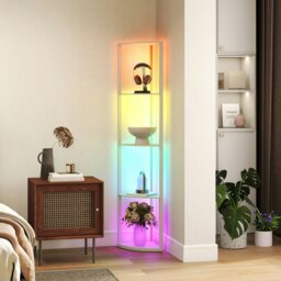 Rackhams RGB LED Floor Lamp with Shelves and Remote Control for Living Room - Oak - Yes - MDF