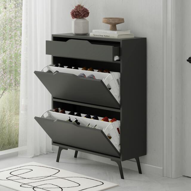 Rackhams Modern Asta Shoe Cabinet 2 Storage Doors for Shoes and Drawer for Accessory Organizer - Anthracite Grey - image 1
