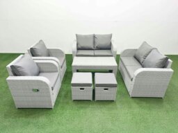 Rackhams 8 Seater Outdoor Reclining Chair Love Sofa Set Rattan Garden Furniture Set with Oblong Coffee Table 2 Stools Light Grey - thumbnail 1