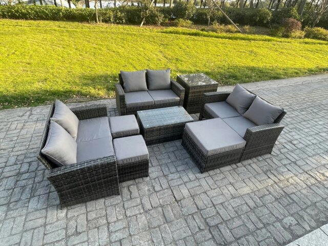 Rackhams 8pc Rattan Sofa Garden Furniture Outdoor Patio Set with Side Table 3 Footstools Double Seat Sofa Dark Grey Mixed - image 1