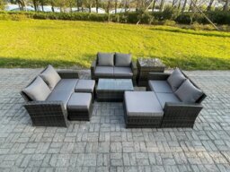Rackhams 8pc Rattan Sofa Garden Furniture Outdoor Patio Set with Side Table 3 Footstools Double Seat Sofa Dark Grey Mixed - thumbnail 2