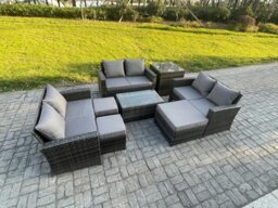 Rackhams 8pc Rattan Sofa Garden Furniture Outdoor Patio Set with Side Table 3 Footstools Double Seat Sofa Dark Grey Mixed - thumbnail 1