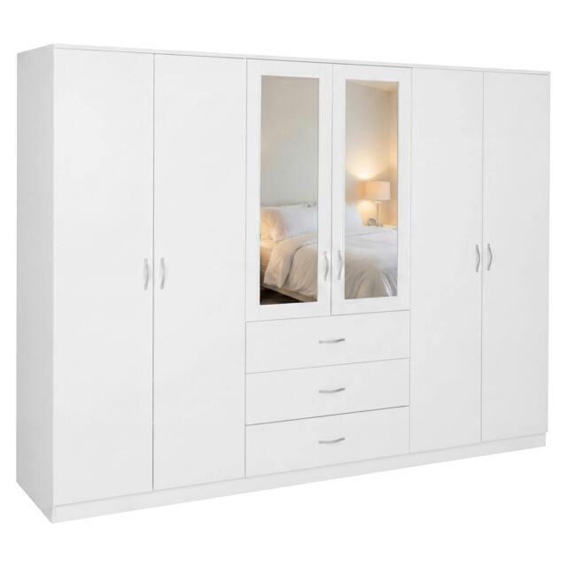 Rackhams Riano 6 Door 3 Drawer Mirrored Wardrobe - White - image 1
