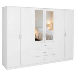 Rackhams Riano 6 Door 3 Drawer Mirrored Wardrobe - White