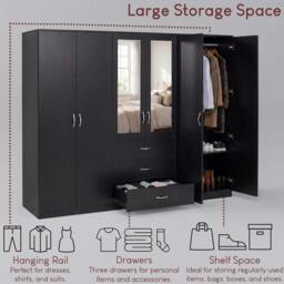 Rackhams Riano 6 Door 3 Drawer Mirrored Wardrobe - White - thumbnail 5
