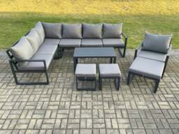 Rackhams Aluminium 10 Seater Outdoor Lounge Corner Sofa Set Garden Furniture Sets with Oblong Coffee Table Chair 3 Footstools Dark Grey - thumbnail 2