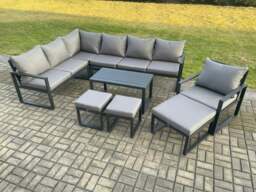Rackhams Aluminium 10 Seater Outdoor Lounge Corner Sofa Set Garden Furniture Sets with Oblong Coffee Table Chair 3 Footstools Dark Grey - thumbnail 1