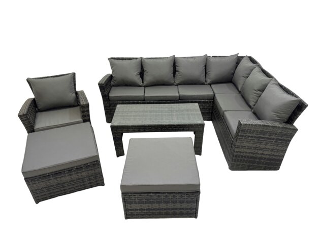 Rackhams Rattan Garden Furniture Set 6 Pieces Outdoor Garden Sofa Oblong Coffee Table Set with Chair 2 Big Footstools Dark Grey Mixed - image 1