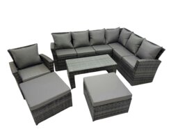 Rackhams Rattan Garden Furniture Set 6 Pieces Outdoor Garden Sofa Oblong Coffee Table Set with Chair 2 Big Footstools Dark Grey Mixed - thumbnail 2