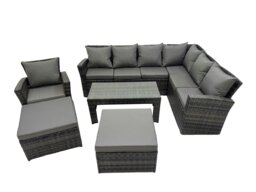 Rackhams Rattan Garden Furniture Set 6 Pieces Outdoor Garden Sofa Oblong Coffee Table Set with Chair 2 Big Footstools Dark Grey Mixed - thumbnail 1