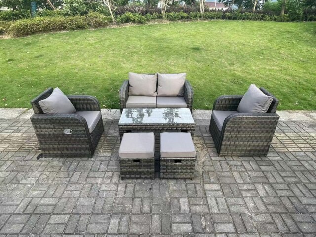 Rackhams Dark Grey PE Wicker Rattan Garden Furniture Set Love Sofa Reclining Chair Outdoor Rectangular Coffee Table Stools 6 Seater - image 1