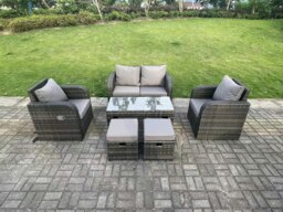 Rackhams Dark Grey PE Wicker Rattan Garden Furniture Set Love Sofa Reclining Chair Outdoor Rectangular Coffee Table Stools 6 Seater - thumbnail 1