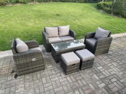Rackhams Dark Grey PE Wicker Rattan Garden Furniture Set Love Sofa Reclining Chair Outdoor Rectangular Coffee Table Stools 6 Seater - thumbnail 2